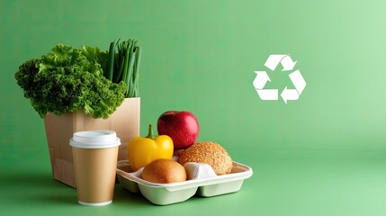 Fresh and Sustainable Food Choices for a Healthy Lifestyle with Recyclable Packaging on a Green Background