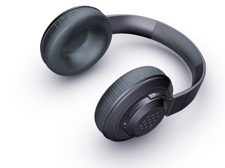 Black wireless headphones isolated on a white background. 3D render wireless headphones close-up.