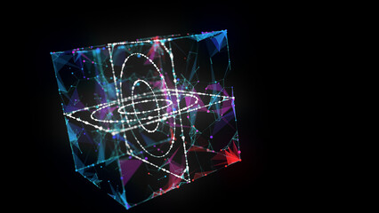 Abstract big data 3D digital cube algorithmic with holes grid inside. Quantum computing concept on dark background. Blockchain grid box сoncept. Artificial intelligence design