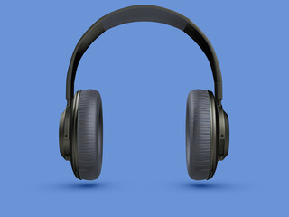 Black wireless headphones isolated on blue background. 3D render wireless headphones.