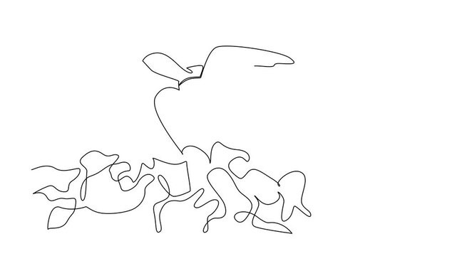 Self drawing animation of continuous line drawing of a sea turtle swimming above scattered plastic trash in ocean of pollution threats for World Oceans Day in an ecology nature. Full length animated