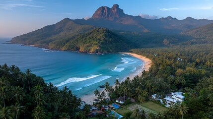 Aerial view of a tropical bay with turquoise waters, golden sand, and lush green mountains