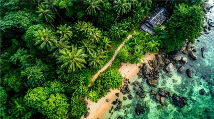 Aerial view of a tropical beach with lush greenery and a small building