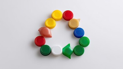 Colorful plastic bottle caps arranged in a circular pattern on a white surface ideal for recycling concepts and environmental awareness themes