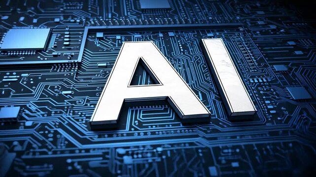 Moving camera bringing metallic AI badge closer on blue PCB, tilting and revealing chips and traces