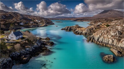 Aerial view of a turquoise bay with scattered islands and rocky shores under a blue sky