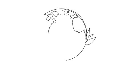 Self drawing animation of one line drawing of Earth with leaves symbolizing World Caring Day, highlighting peace, sustainability, and environmental responsibility in a health. Full length animated