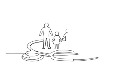 Self drawing animation of continuous line drawing of family standing with stethoscope, symbolizing World Caring Day, family care, compassion, global wellness in a health concept. Full length animated