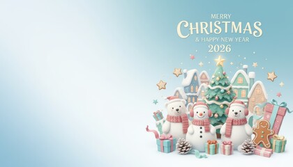 Obraz premium Festive christmas celebration with snowy bears colorful gifts and a cheerful tree in a winter wonderland atmosphere for holiday cheer and new year wishes