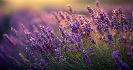 Fototapeta premium Lavender field sunset purple blossom sway in warm light, peaceful and dreamy mood