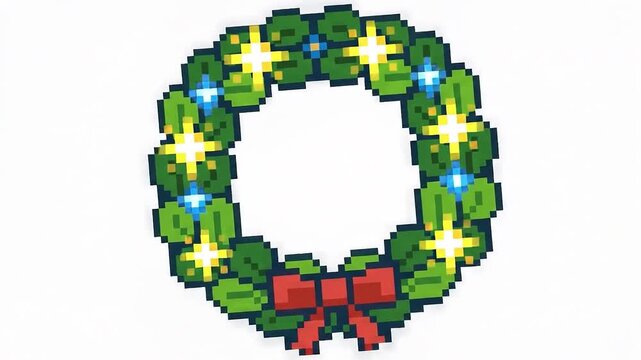 A pixel art wreath green leaf red bow blue berry holiday decor festive winter retro minimal white background pixel design 8 bit retro game icon joyful mood simple shape classic color seasonal circle