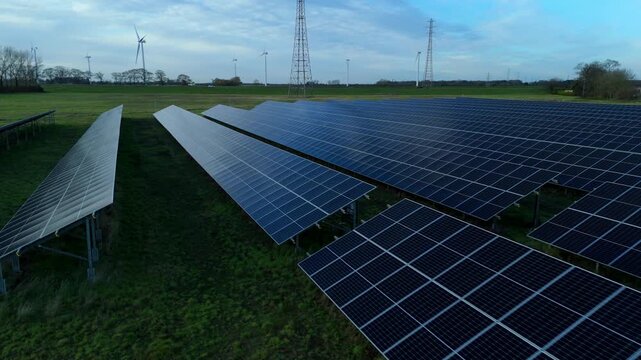 Aerial view of solar panels arranged in rows on a green field, with pylons and distant wind turbines adding to the scene, Spalding, England, United Kingdom.
