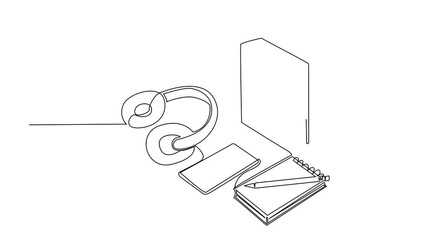Self drawing animation of single line drawing of a desk featuring headphones, notepad, and a small plant. Resources for modern language, Russian Language Day in academic event. Full length animated
