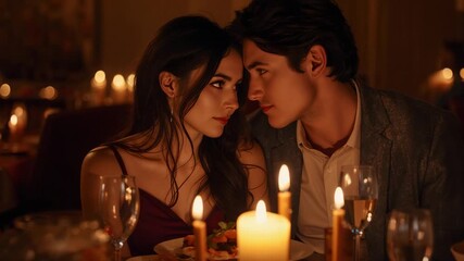 Leaning couple in red dress, gray blazer sharing gaze, inching closer in bistro candles toward kiss