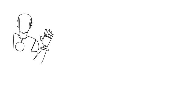 Animation of single line draw of a futuristic robot waving in a friendly manner from behind the wall. Say Hi Day as a science concept to show communication and innovation. Full length motion