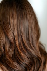 Naklejka premium Luxurious brown hair with caramel highlights showcasing smooth waves and healthy shine for beauty and haircare concepts.