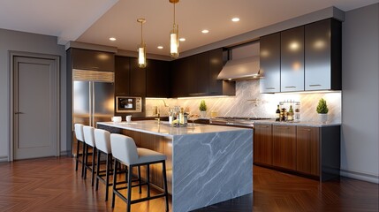 Obraz premium Elegant Modern Kitchen Interior with Marble Island and Stylish Lighting, Featuring Sleek Cabinets and Contemporary Design Elements for Premium Living