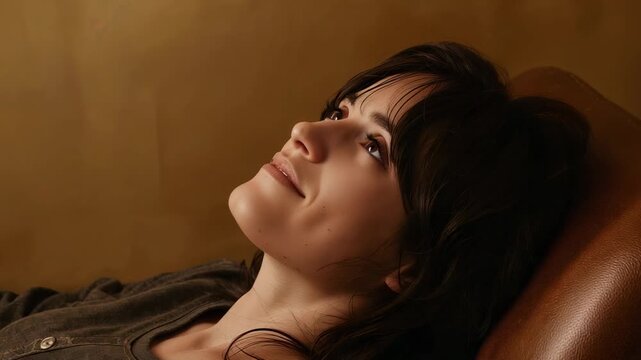 Filming woman in gray shirt resting, lifting gaze, smiling, tilting back on recliner by beige wall