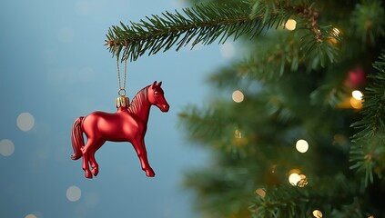 new year background with horse.  Christmas tree decoration in the shape of a red horse