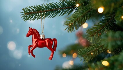 new year background with horse.  Christmas tree decoration in the shape of a red horse