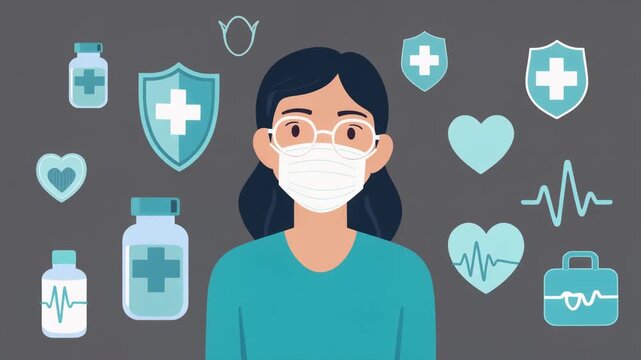 Girl Wearing Medical Face Mask with Floating Health and Medical Icons