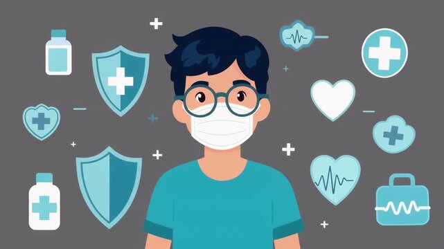 Boy Wearing Medical Face Mask with Floating Health and Medical Icons