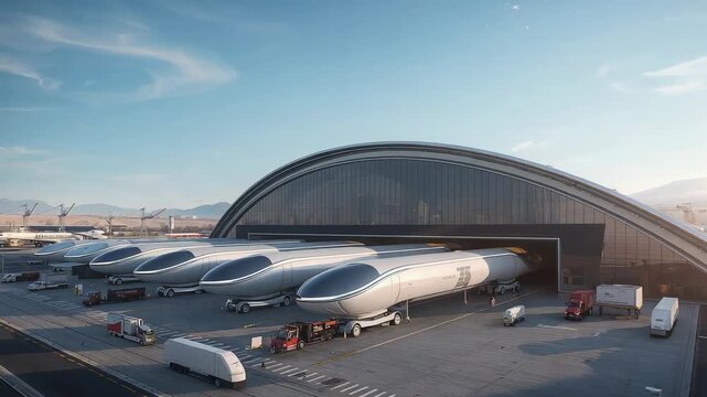 Gentle pan showing moving red tractors aligning under five pods at arched hangar, rail