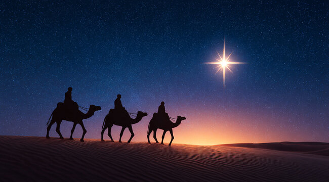 The first star. Christmas star over Bethlehem. The three magi go in search of Christ in the desert under the star.