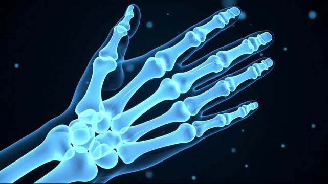High-quality 3D animation showing finger bones and phalanges moving in realistic skeletal hand structure, ideal for medical, educational, and scientific use.