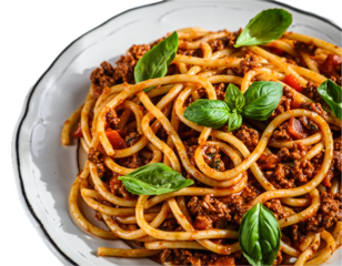 Plate of pasta bolognese isolated on white background