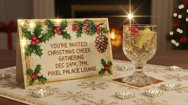 A festive invitation pixel art christmas holiday party pinecone holly berries crystal glass cocktail cherry lemon gold sparkle candlelight fireplace cozy warm bokeh table decor snowflake card leaves