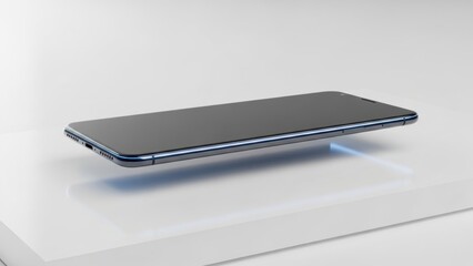 Sleek Smartphone Displaying Technological Innovation: A minimalist view highlights a modern smartphone. Its smooth lines and reflective screen suggesting an emblem of connection and communication.