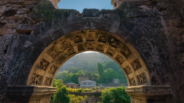Framing carved arch with columns at ruin camera moving as sun shifting via portal showing hillside