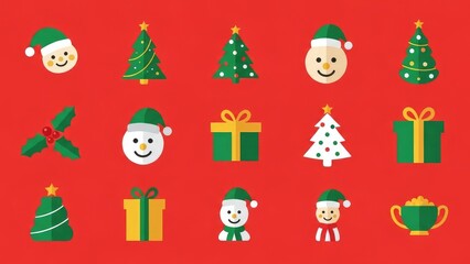 Naklejka premium Festive christmas icon set featuring snowmen trees gifts holly and a holiday trophy against a bright red background