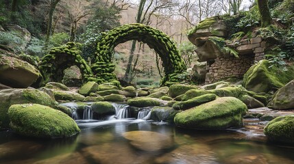 Ancient moss-covered bridge spans a flowing stream in a lush, wooded landscape