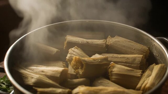 Steaming pot releasing steam from heat on kitchen counter, softening tamales with herbs and lime