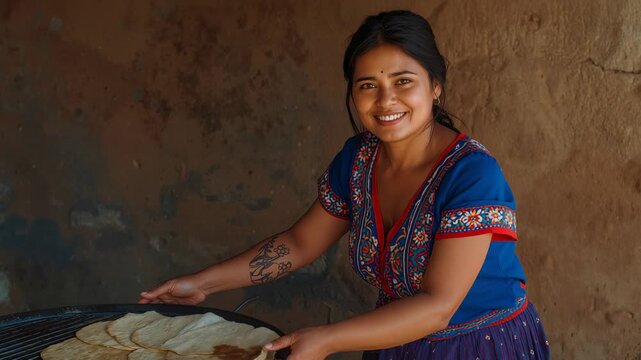 Holding plate, woman placing and spreading rotis on tawa beside mud wall, blue blouse for meal