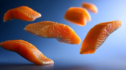 Artistic shot of freshly sliced salmon pieces floating against a gradient blue backdrop