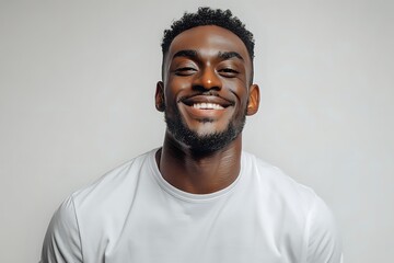 Fototapeta premium Happy young African American man with beard smiling broadly in white t-shirt against gray background for lifestyle and portrait photography.