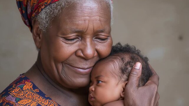 Cradling senior woman protecting newborn as baby shifting head, hands supporting, scarf at home
