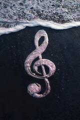 Obraz premium Treble clef symbol made of pink glitter on dark wet sand with ocean waves washing ashore creating artistic music concept for creative projects.