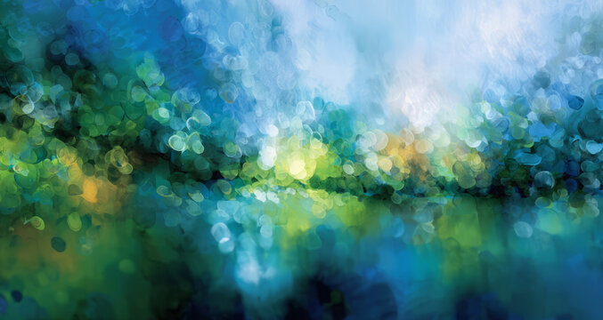 Abstract watercolor blue green bokeh nature serene mood over blurred forest and water reflection