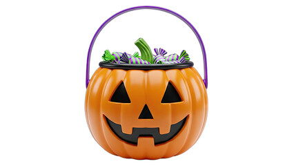 Jack-o'-lantern bucket filled with candy on white background