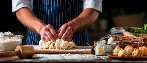 A person focuses on kneading dough with a whisk, surrounded by baking tools and flour on a wooden surface in a warm kitchen