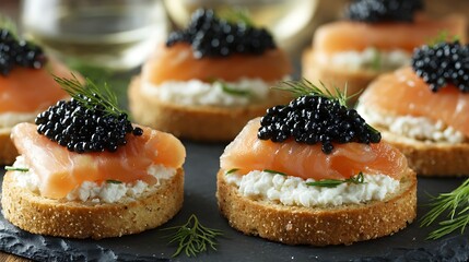 Appetizing close-up of gourmet canap?s featuring smoked salmon, caviar, and fresh dill