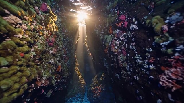 Radiant beams of sunlight penetrate the clear water, illuminating the vibrant coral formations along the rocky crevice. Colorful marine life thrives within the lush underwater gard