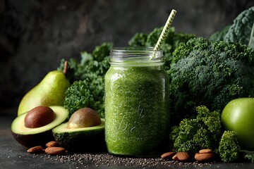 Fresh green smoothie in mason jar with kale, broccoli, avocado and lime on dark background. Healthy detox drink for weight loss and wellness nutrition.