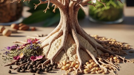 Intricate tree roots spread outwards from a central trunk surrounded by a diverse collection of seeds herbs and nuts