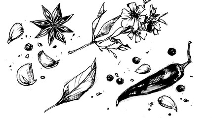 Artistic black and white illustration of various culinary ingredients scattered on a white surface