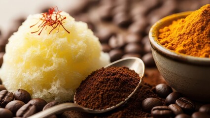 A refreshing scoop of bright yellow sorbet topped with delicate saffron threads surrounded by coffee beans and ground coffee